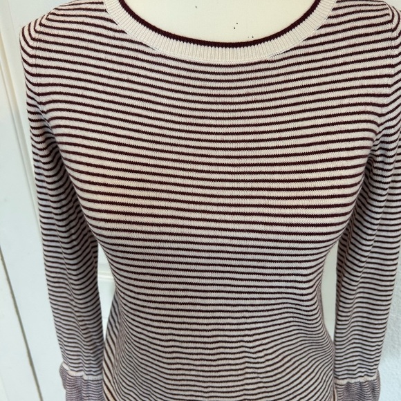 Loft Sweater Knit Striped Ruffle Cuff Cream Maroon Red Size Small Petite - Picture 2 of 8